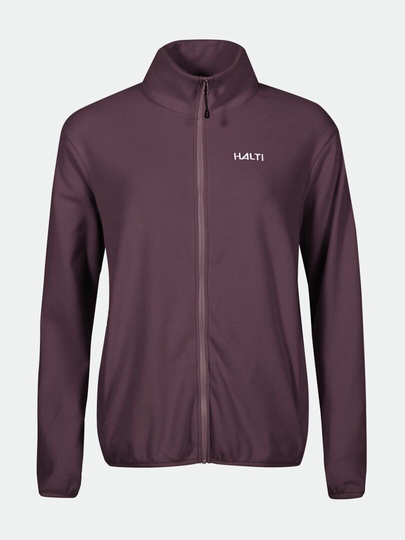 The Halti Rockmoon Fleece Jacket Women's is a maroon zip-up midlayer with long sleeves and a logo on the left chest.