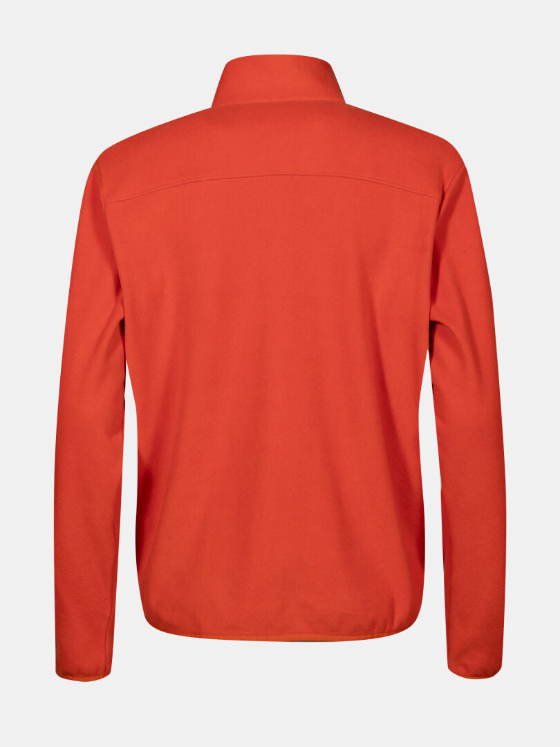Back view of Halti Rockmoon Fleece Jacket Womens—orange, collared, ideal technical midlayer for cold conditions.