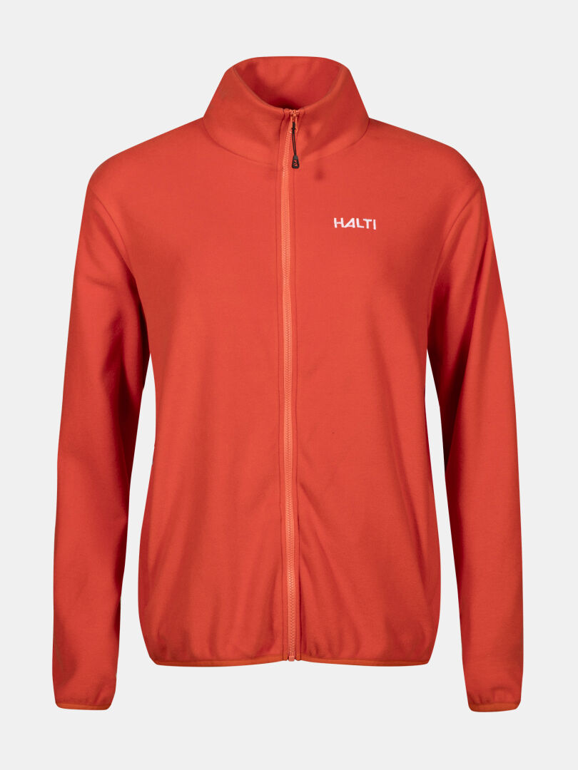 The Halti Rockmoon Fleece Jacket Women's is an orange zip-up midlayer with thermal insulation, shown on white.