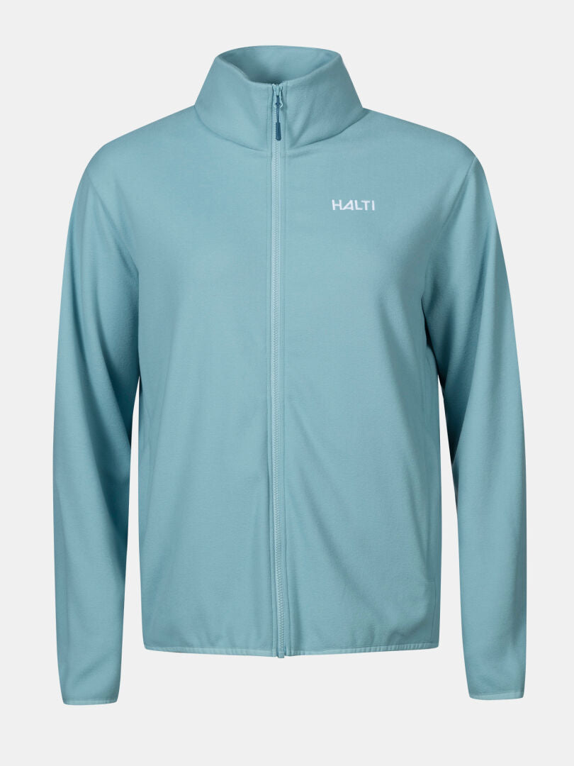 Halti Rockmoon Fleece Jacket Women's: light blue zip-up midlayer with high collar and stretch fleece for warmth.