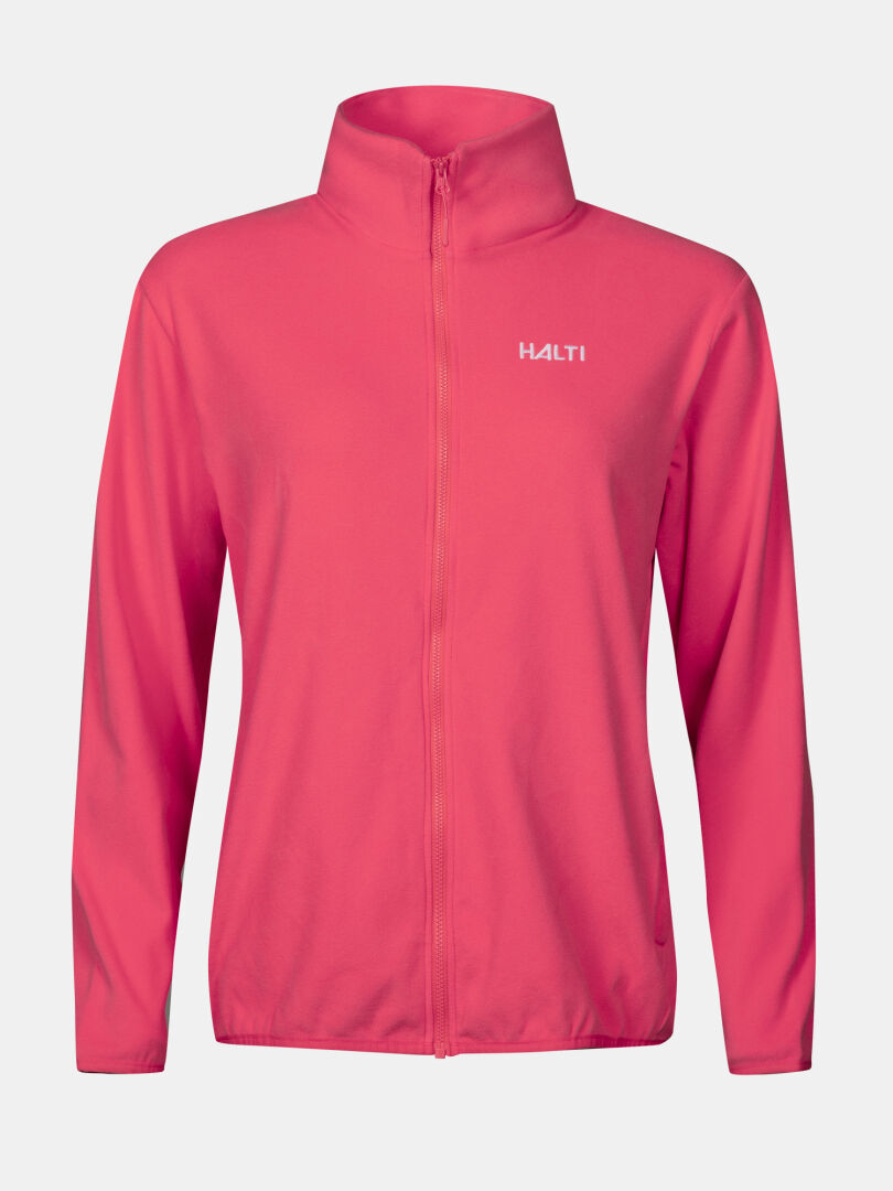 The Halti Rockmoon Fleece Jacket Women's is a pink full-zip midlayer with high collar, shown on a plain background.