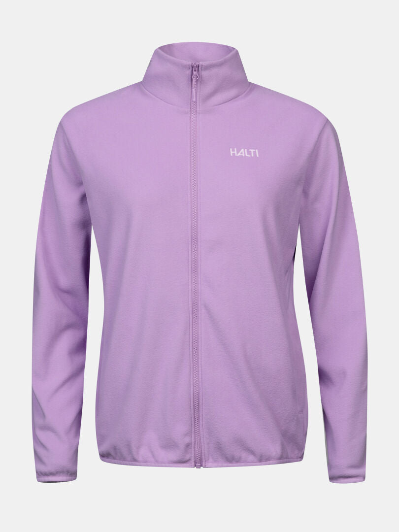 Halti Rockmoon Women’s fleece jacket in light purple, zip-up style with high collar and stretch fabric.
