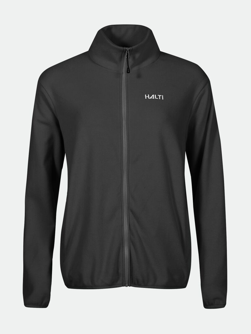 The Halti Rockmoon Fleece Jacket Women's is a black zip-up midlayer with thermal insulation and left chest logo.