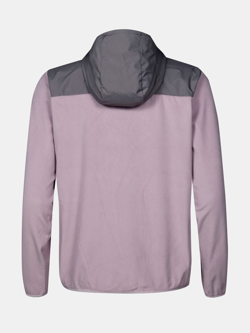 Back view of Halti Rockmoon Fleece Hoodie Women's with gray hood, shoulders, and light purple thermal insulation.