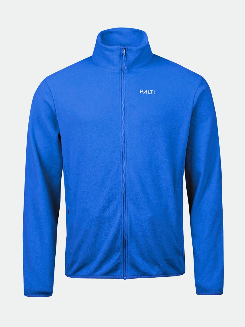 The Halti Rockmoon Fleece Jacket Men's is a blue zip-up midlayer with long sleeves and the HALTI logo.