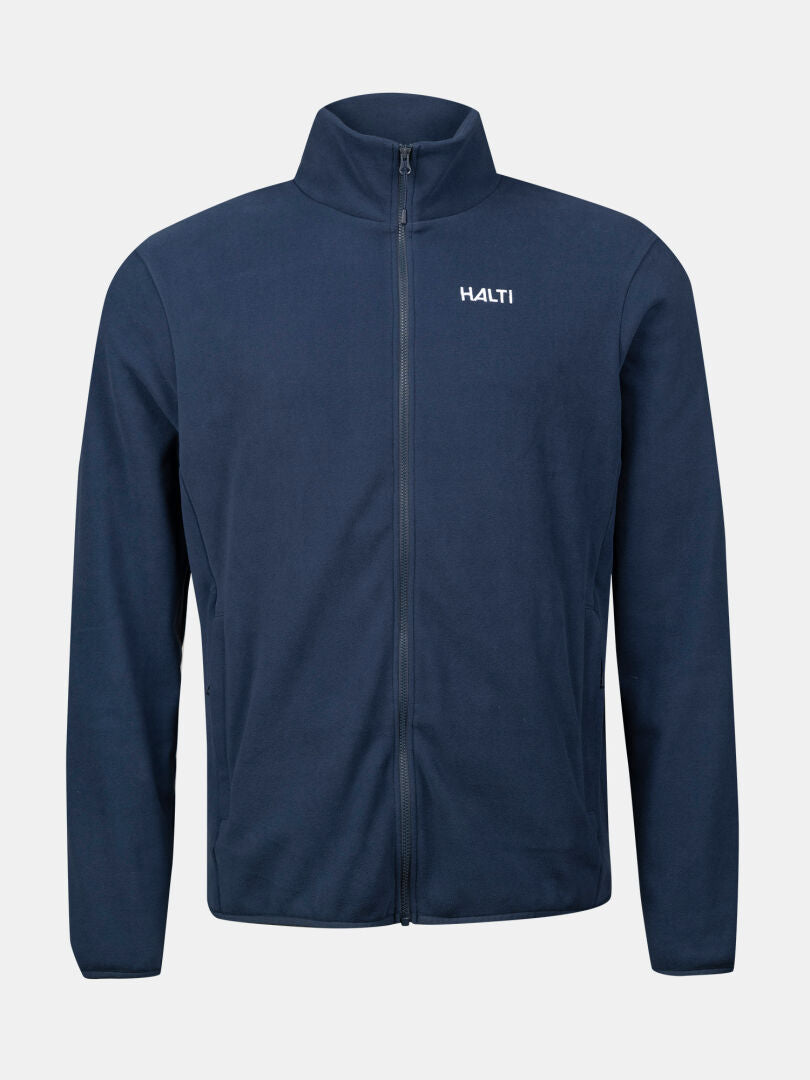 The Halti Rockmoon Fleece Jacket Men's is a navy zip-up with long sleeves and a small white logo on the left chest.