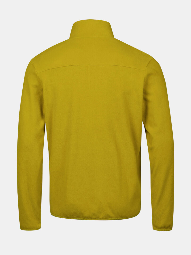 Back view of Halti Rockmoon Fleece Jacket Men's, mustard yellow, long sleeves, stand-up collar on white background.
