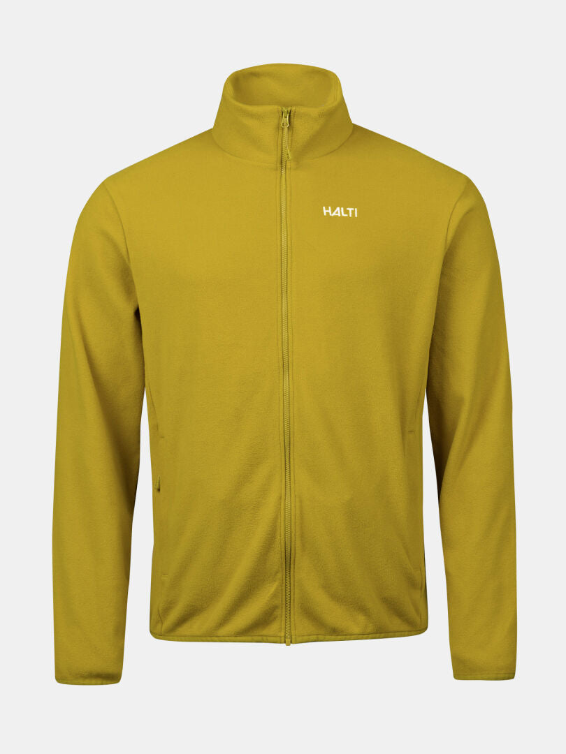 The Halti Rockmoon Fleece Jacket Men's is mustard yellow, zip-up, long-sleeved, with a small logo on the left chest.