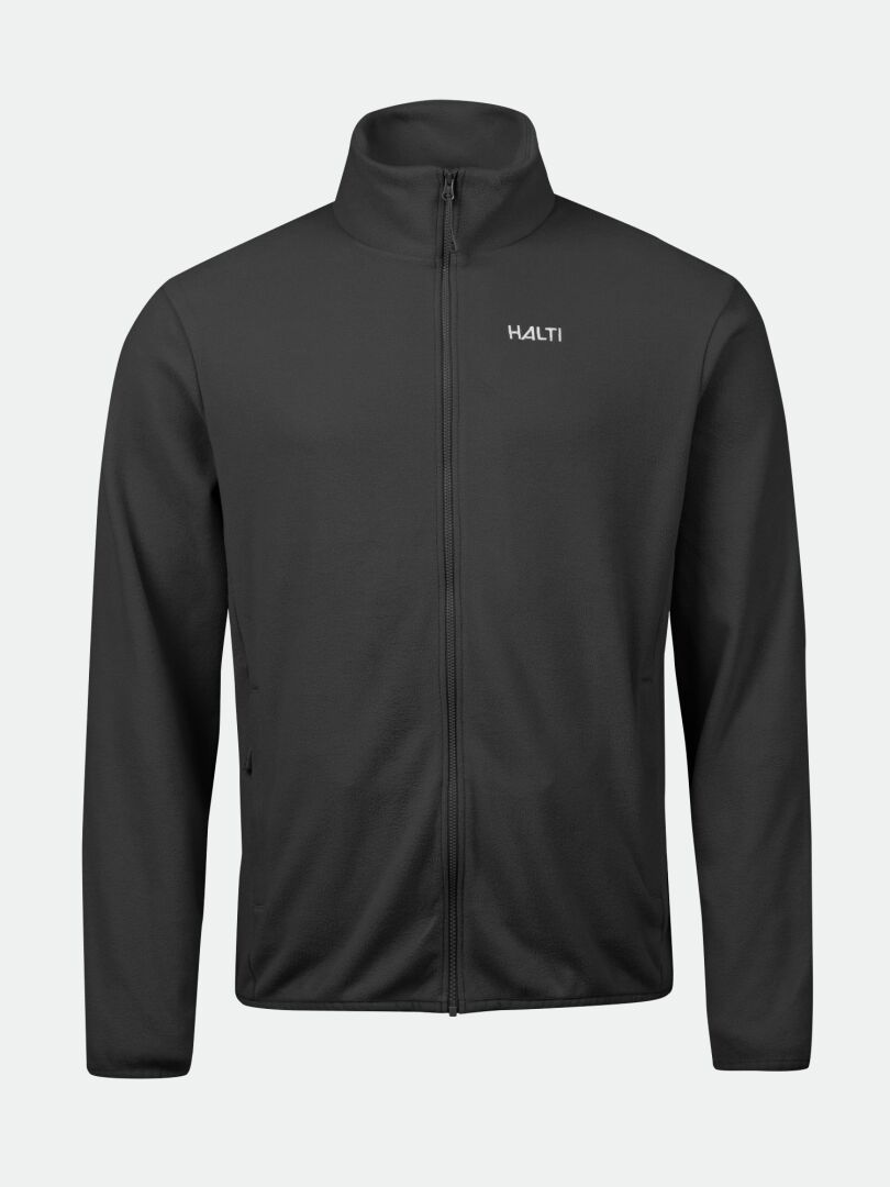 The Halti Rockmoon Fleece Jacket Men's is black, zip-up, lightweight, with a stand collar and logo on the left chest.