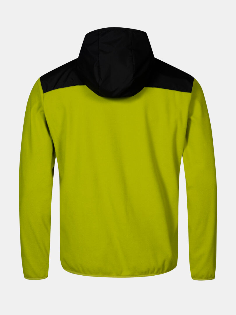 Back view of Halti Rockmoon Fleece Hoodie Men's in yellow with black accents, made of lightweight fleece for warmth.