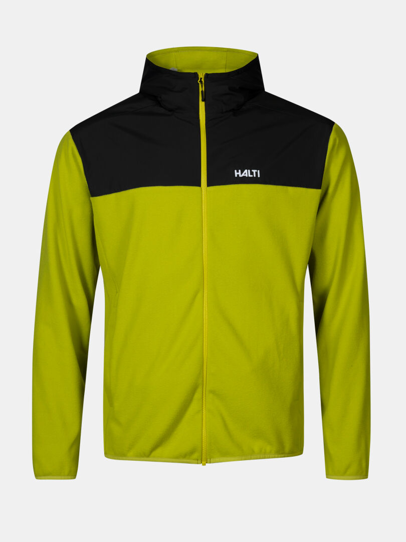 The Halti Rockmoon Fleece Hoodie Men's—lime green with black shoulders and zip—is ideal for outdoor layering.