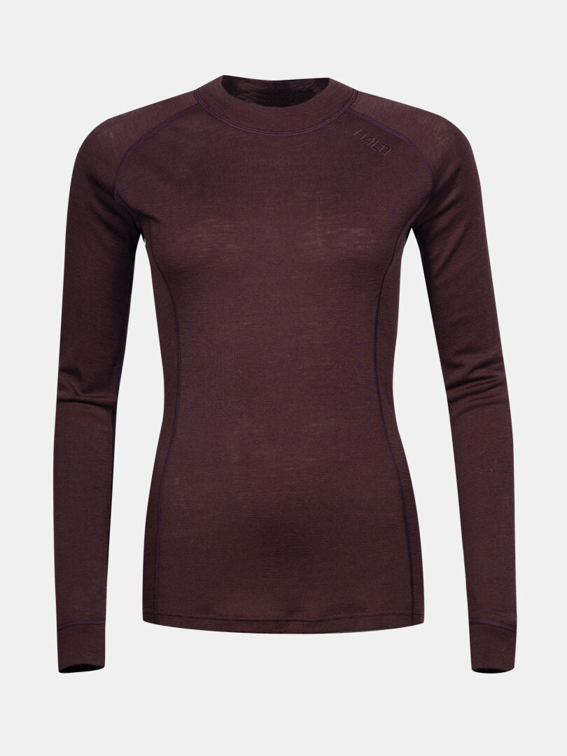 The Halti Hossa II Merino Base Layer Set for women is a fitted, thermal crew neck ideal for cold weather layering.