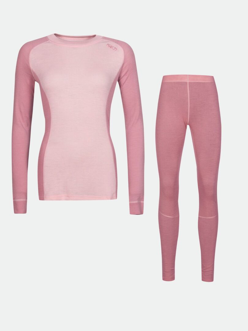 The Halti Hossa II Merino Base Layer Set Women's offers cozy pink long-sleeve top and leggings for cold-weather layering.