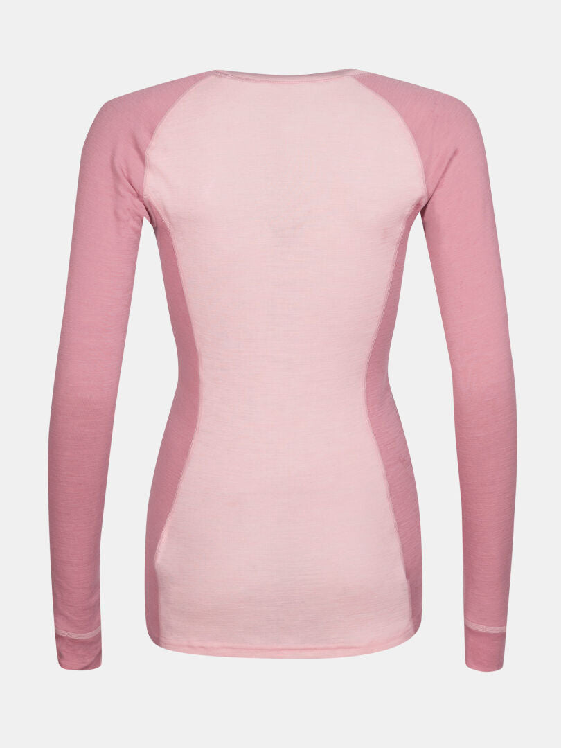Back view of Halti Hossa II Women's Merino base layer in light pink/mauve with raglan sleeves, ideal for cold weather.