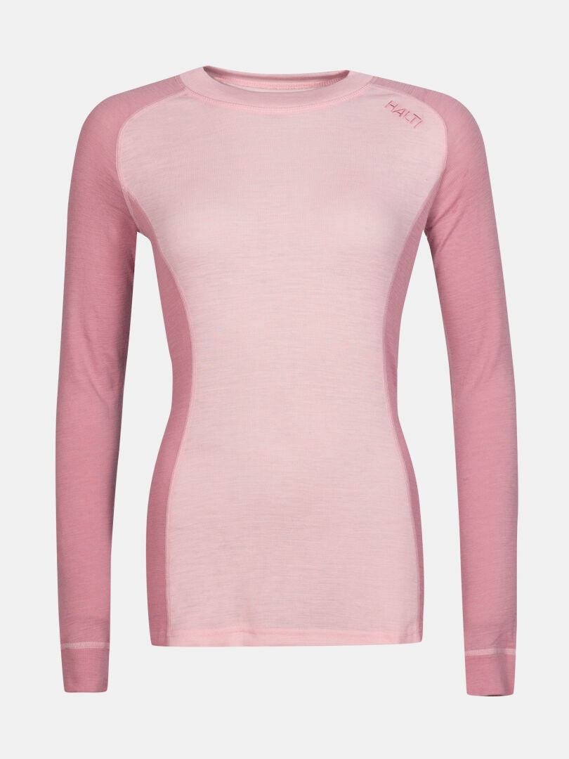 Halti Hossa II Merino Base Layer Set for women in light pink with darker panels—perfect for cold weather layering.