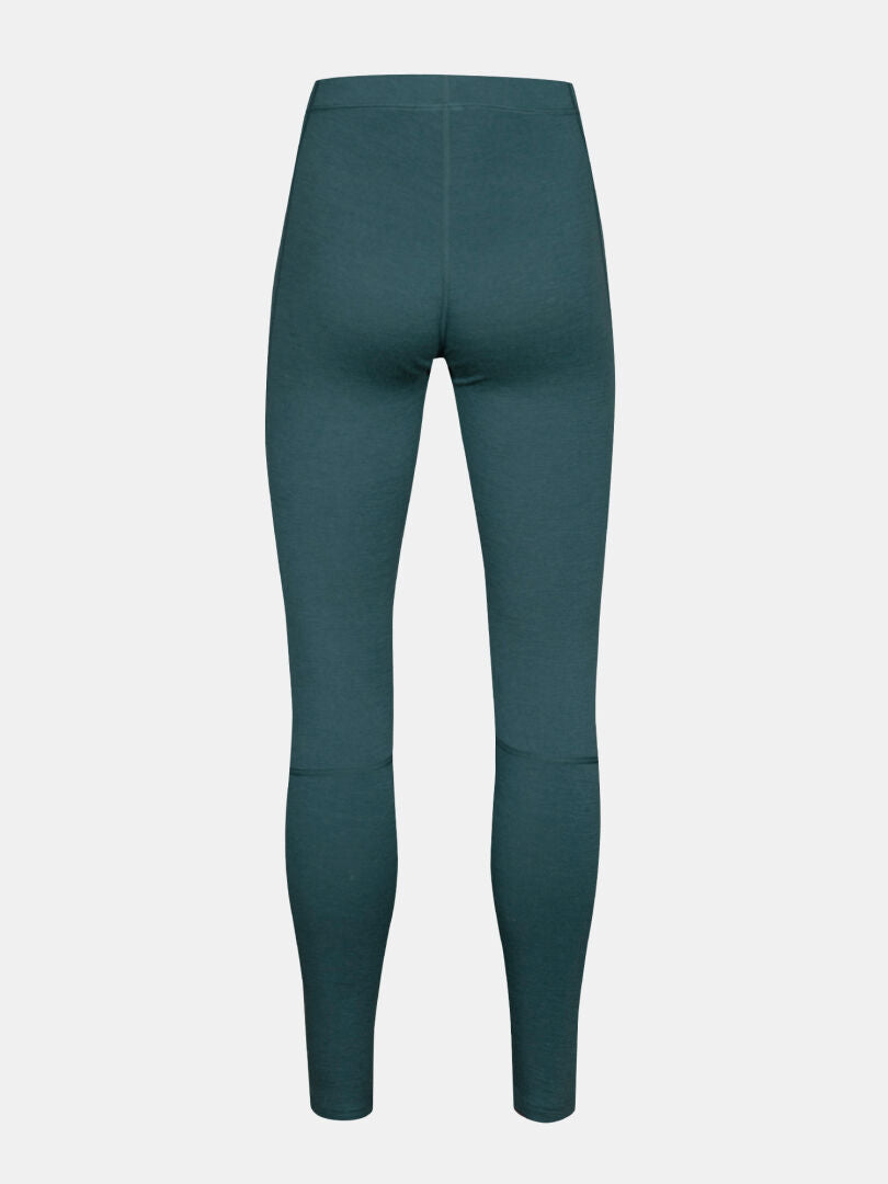 Back view of Halti Hossa II Women’s teal merino base layer leggings for cold weather, shown on a white background.