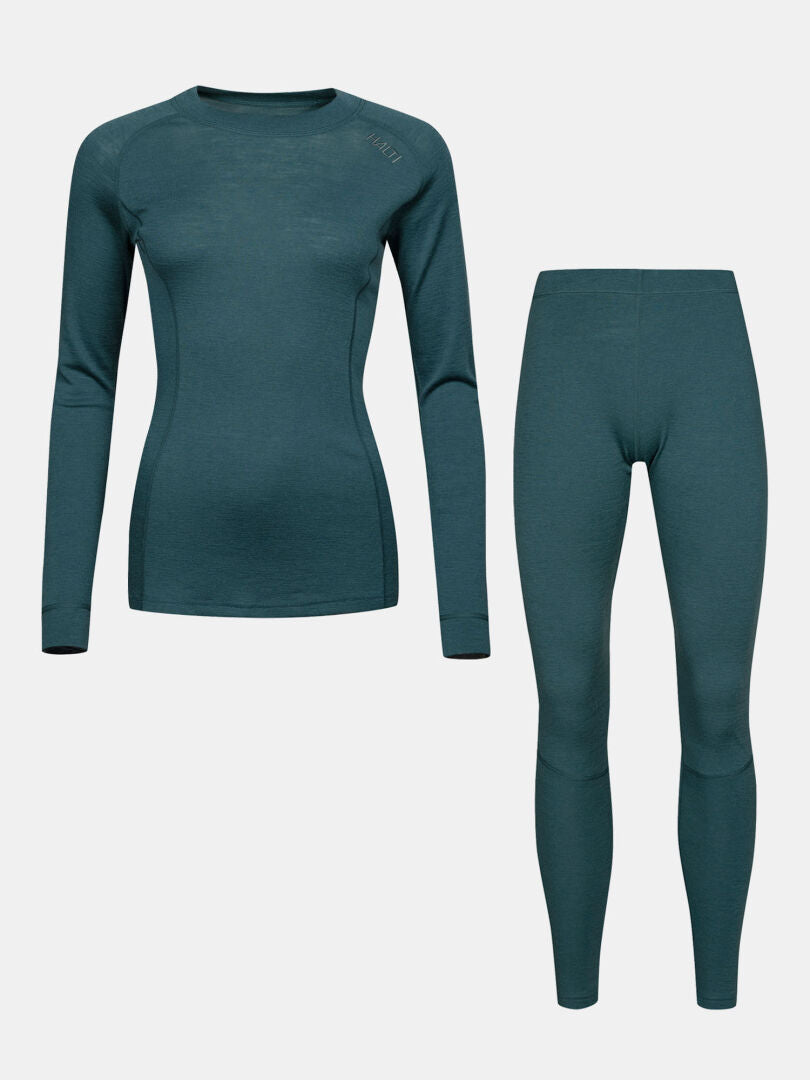 Halti’s Hossa II Merino women’s baselayer set in teal for cold weather is shown on a plain white background.