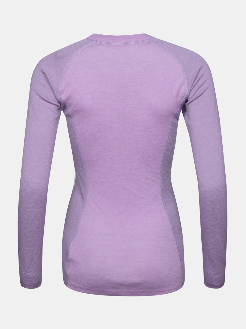 Back view of Halti Hossa II Merino Base Layer Set Women’s, a fitted lavender baselayer for stylish cold weather wear.