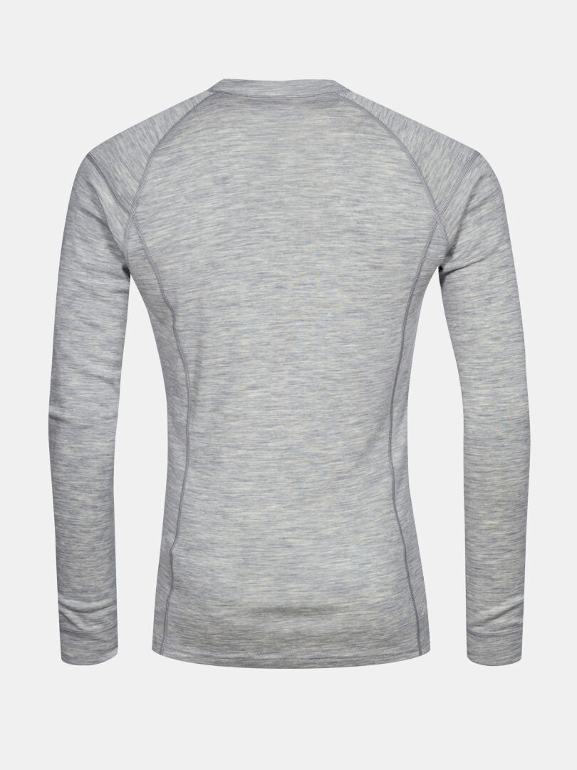 Halti Hossa II Merino Base Layer Set Men’s in light gray heather, long-sleeve, shown from the back on white.