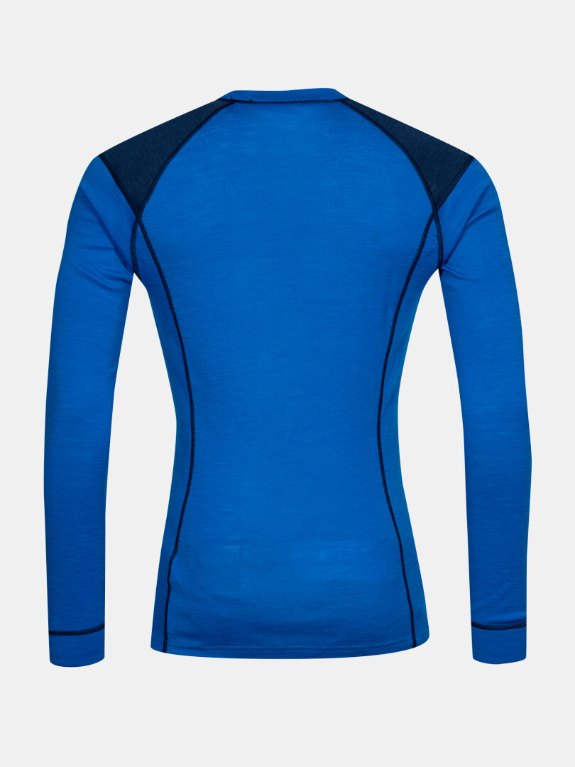 The Hossa II Merino Base Layer Set Mens by Halti is a fitted blue long-sleeve with dark shoulder panels, back view.