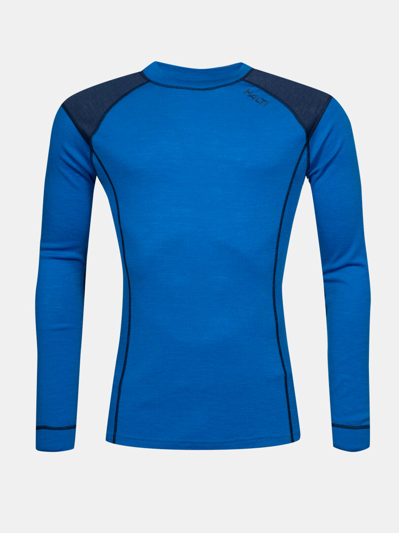 The Halti Hossa II Merino Base Layer Set Mens is a blue long-sleeve top, perfect for outdoor sports.