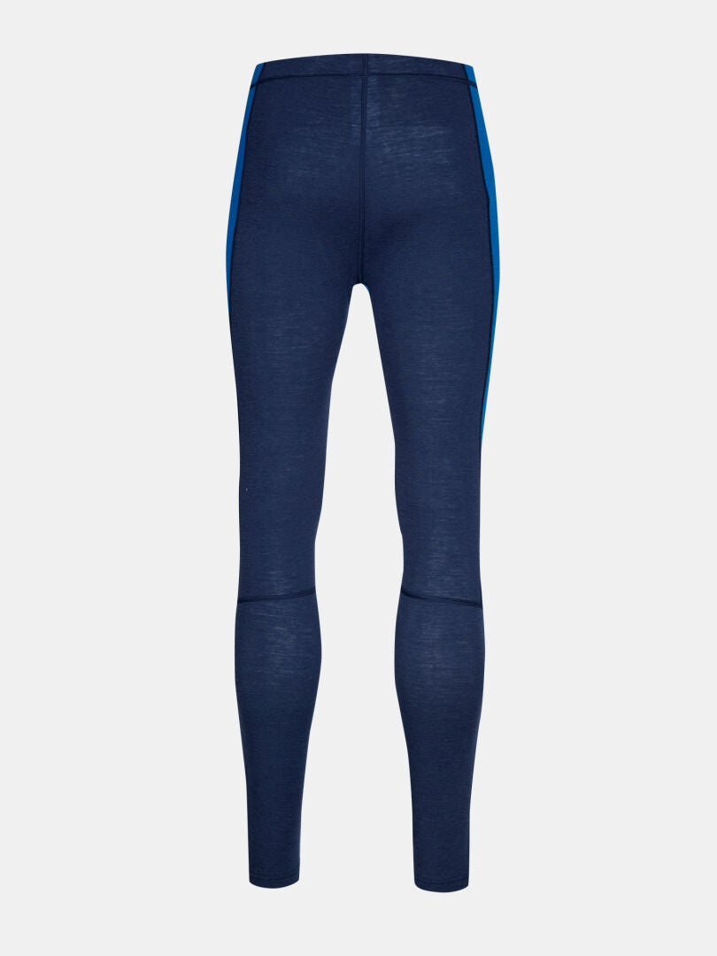 Back view of Halti Hossa II Merino mens navy base layer leggings with blue stripes, shown on a light background.