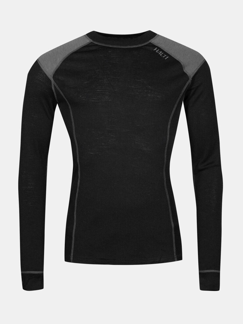 The Halti Hossa II Merino Base Layer Set Mens is a black long-sleeve shirt with gray panels, perfect for outdoor sports.