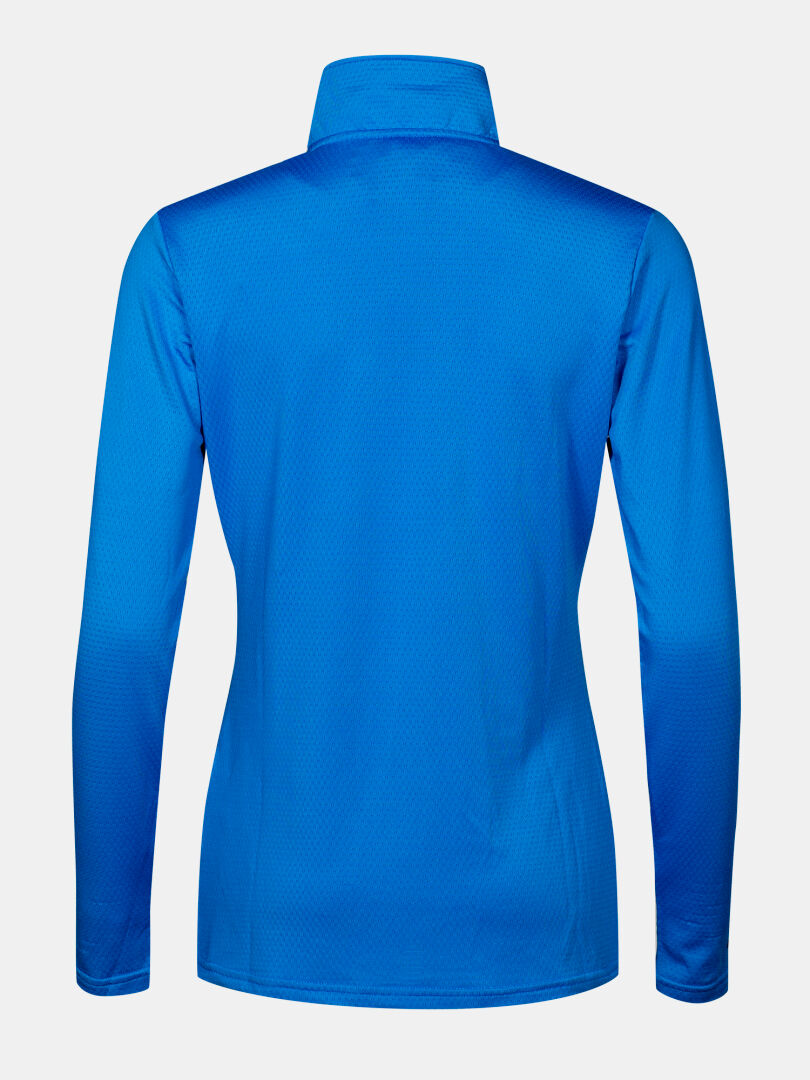 The Halti Jaako Shirt Women's is a bright blue fitted mid layer with a high collar, perfect for all-season training.