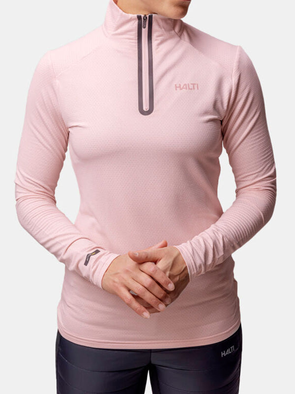 Pink long-sleeve athletic top with a zipper on a white background