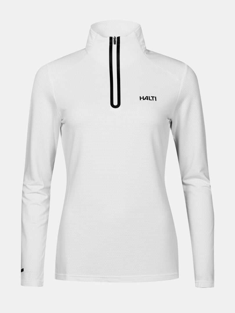 Jaako Shirt Women's by Halti: white long-sleeve thermal with black half-zip, ideal for moisture-wicking all-season training.
