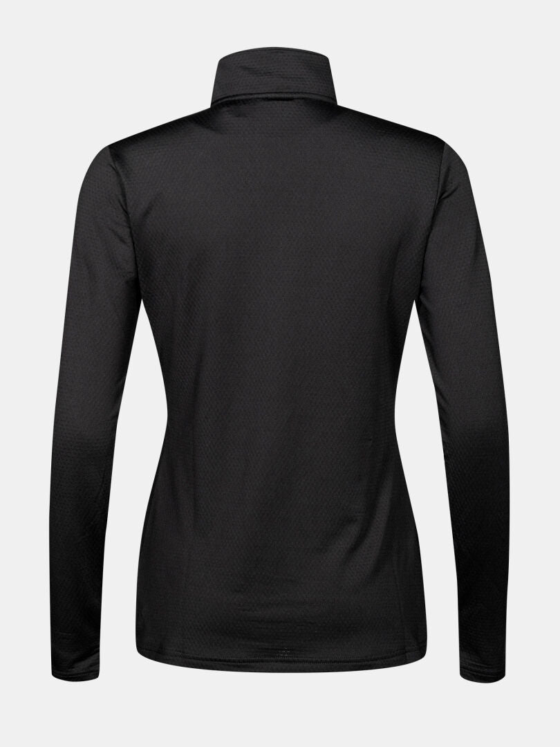 Back view of Halti Jaako Shirt Women's—plain black, long-sleeve, zip-up with high collar for all-season training.