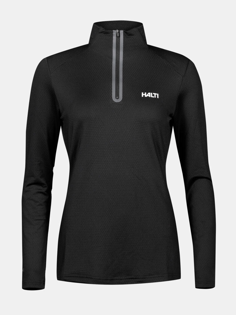 The Jaako Shirt Women's by Halti is a black half-zip thermal with logo and moisture-wicking for all-season training.
