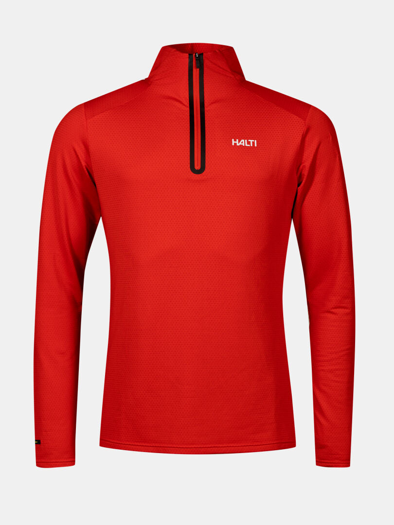 Halti Jaako Shirt Men's: red, lightweight mid layer pullover with half-zip, Active Dry Sport Knit, and logo.