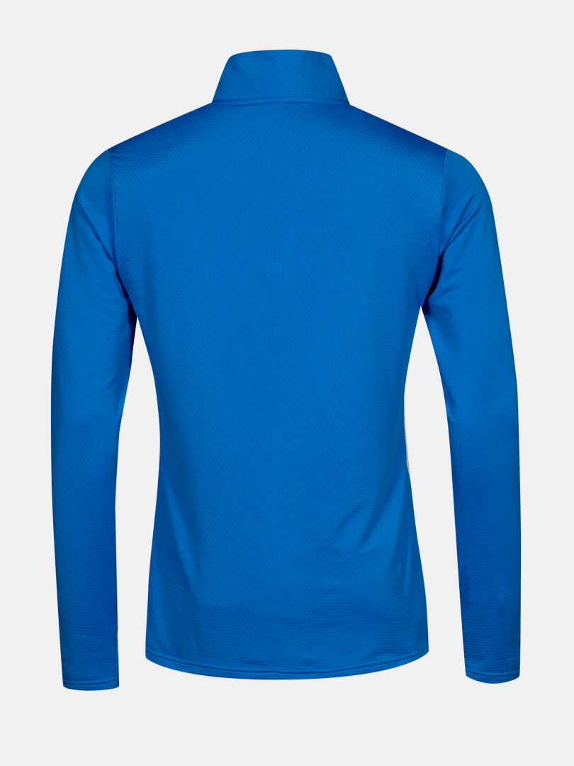 Back view of the bright blue Halti Jaako Shirt Men's, a lightweight mid layer, shown against a white background.