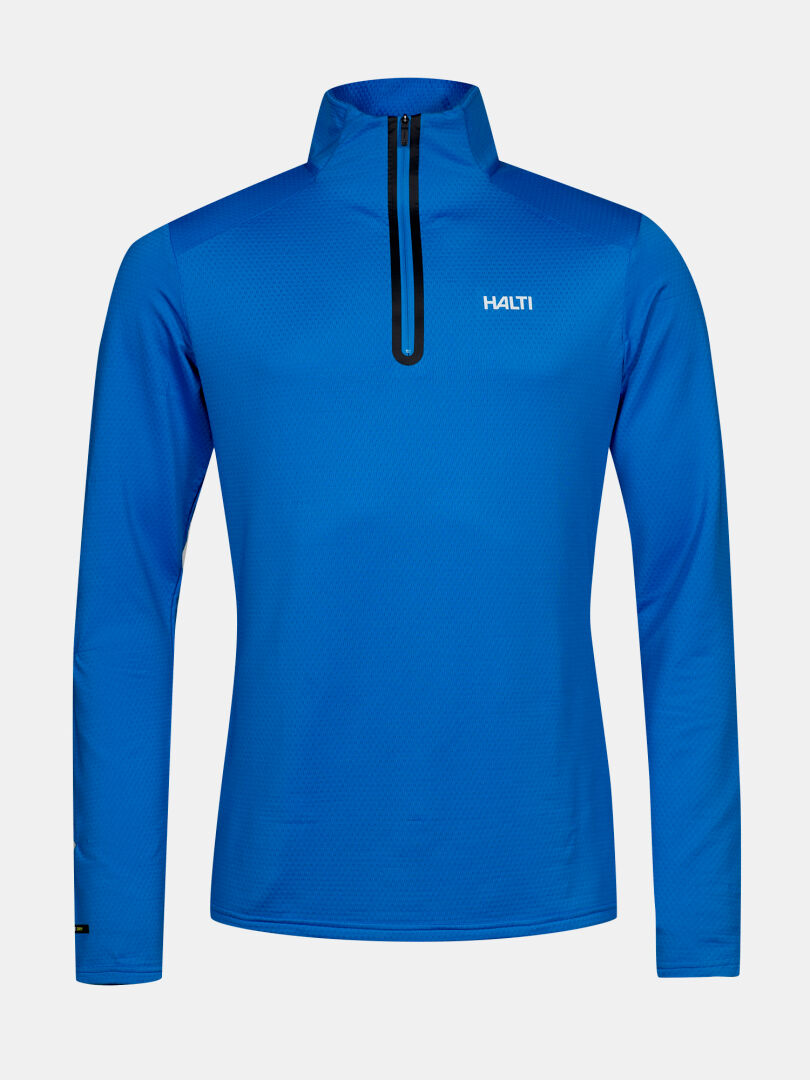 The Jaako Shirt Men's by Halti is a blue half-zip thermal with logo and Active Dry Sport Knit for lightweight layering.