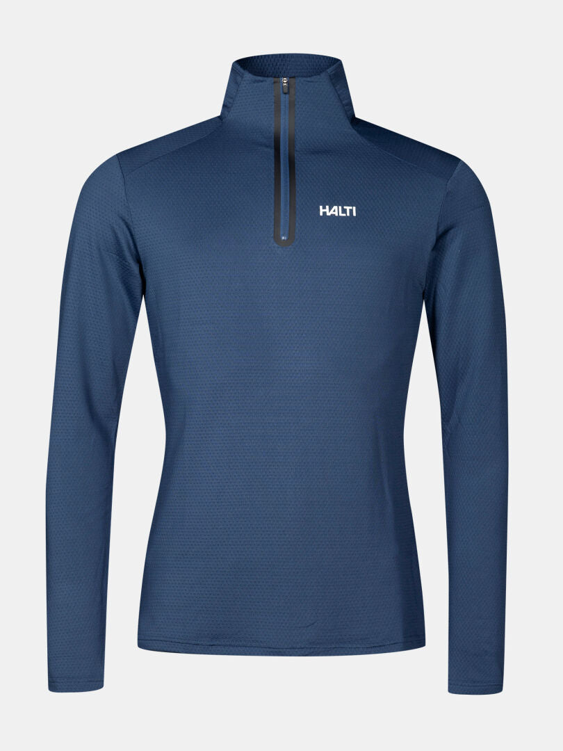 The Halti Jaako Shirt Men's is a blue sport knit half-zip pullover mid layer with chest logo.
