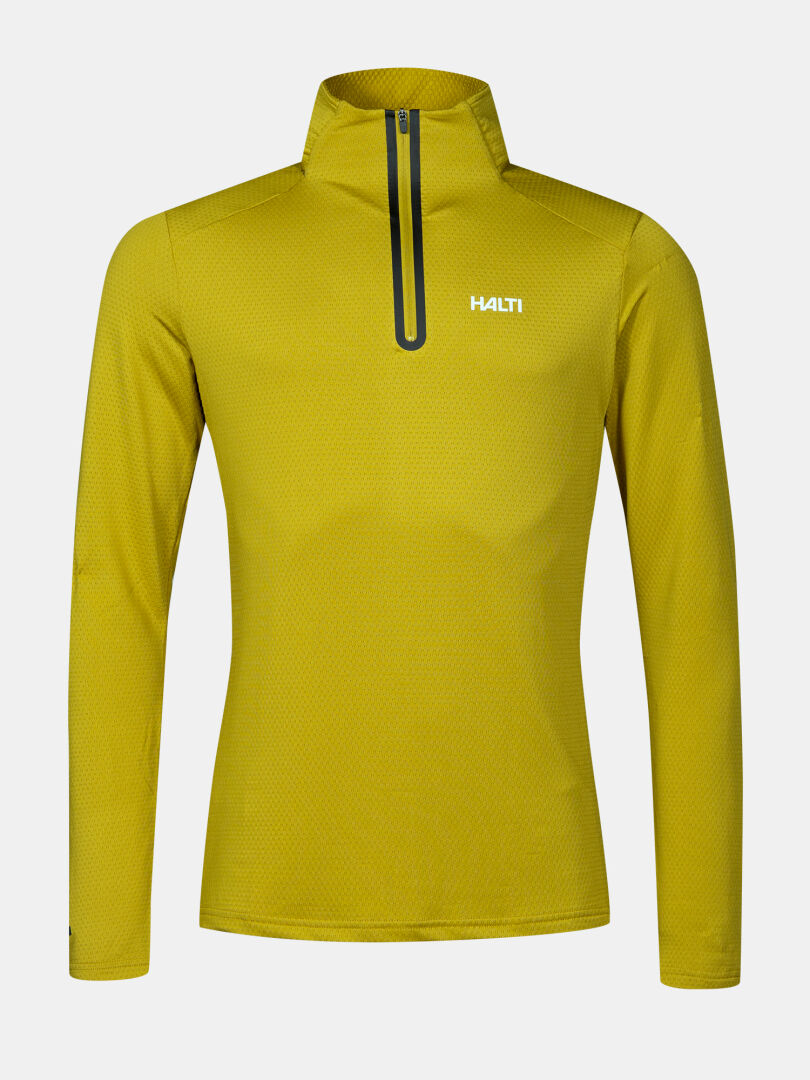 The Halti Jaako Shirt Men's is a yellow, lightweight mid layer with a half zipper and left chest logo.