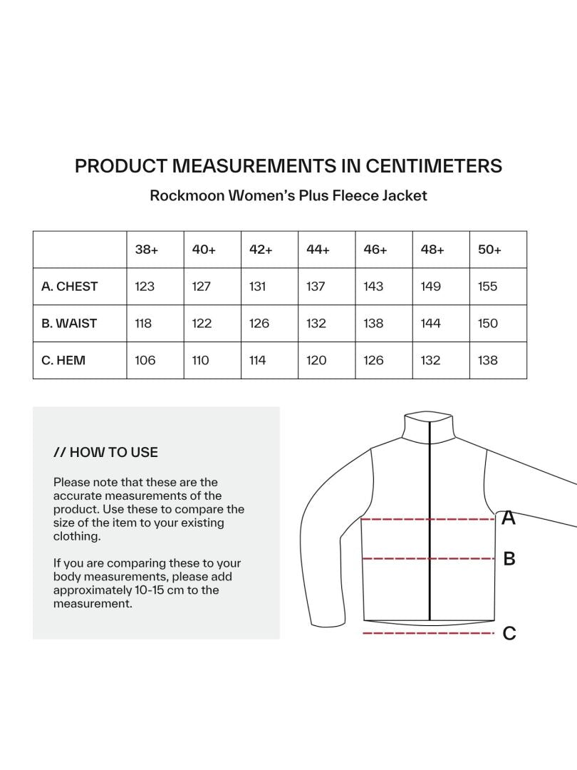 Halti Rockmoon Fleece Jacket Womens Plus size chart: chest, waist, hem (cm) for sizes 38+ to 50+.