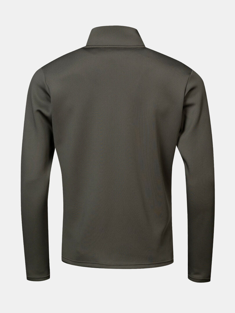 Back view of Halti Kivikko Layer Jacket Men’s in olive green with collar, ideal for outdoor training, on white background.