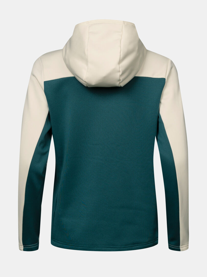 Back view of the dark teal and cream Halti Seiland Layer Jacket Women’s with a hood.