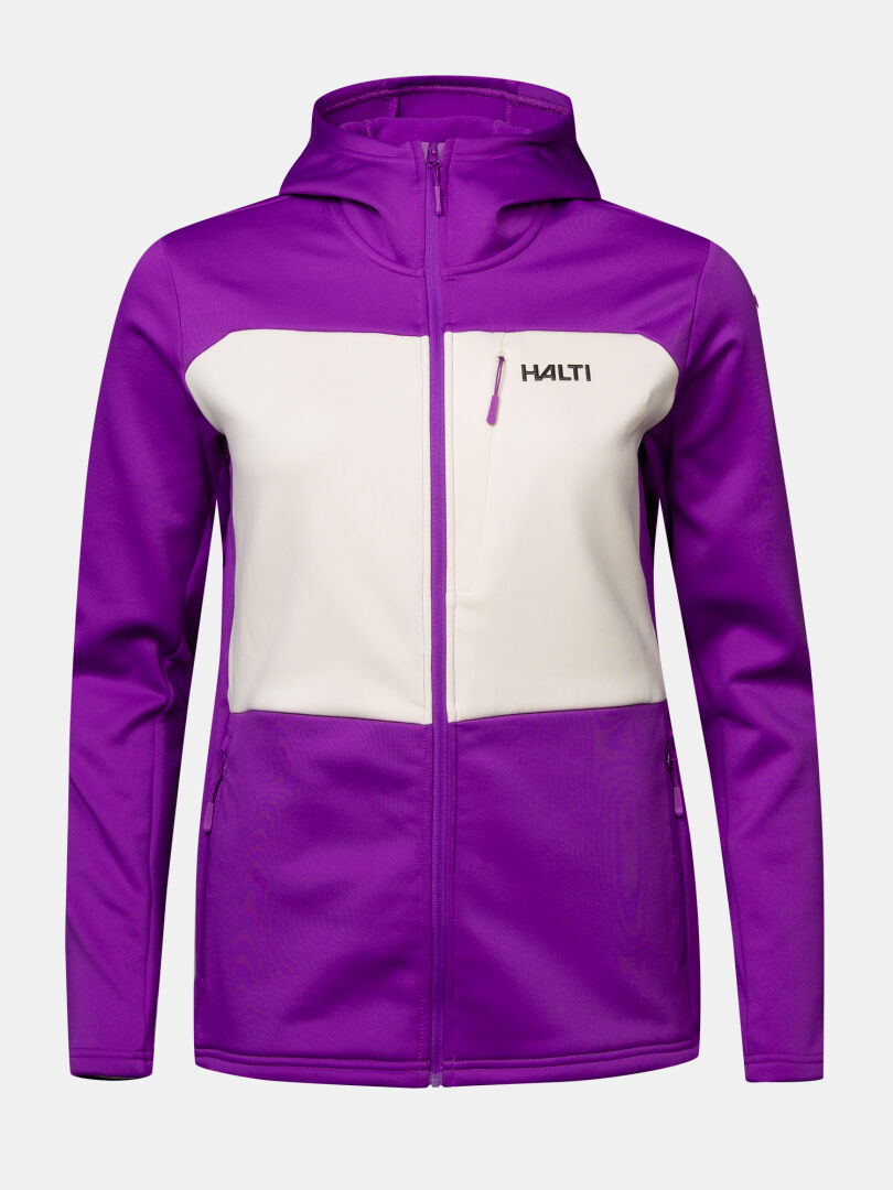 Purple and off-white Halti Seiland Layer Jacket Women’s hooded zip-up stretch fleece with a chest pocket.