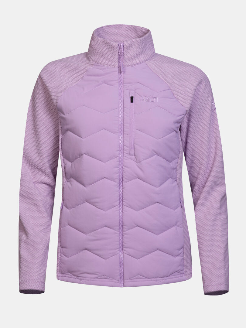 Halti Suomis Hybrid Layer Jacket for women: light purple, quilted front, chest pocket, textured sleeves—great outdoors.