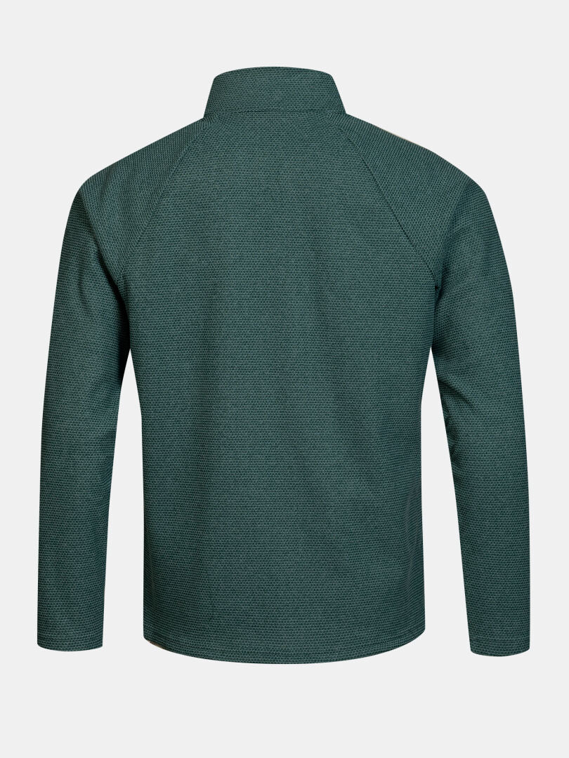 Halti Suomis Hybrid Layer Jacket Men’s: dark green, high collar, textured, lightweight warmth for outdoor adventures.