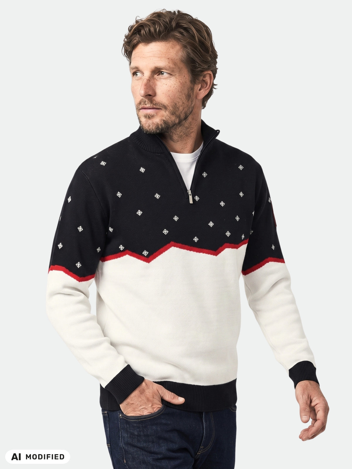 A man wears a Halti Tauko Unisex Sweater, a black and white cotton half-zip with a red zigzag pattern across the chest.