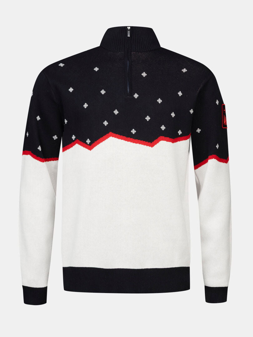 Halti Tauko Unisex Sweater: Cotton knit, black and white with red zigzag, small diamonds, half-zip—perfect daily wear.