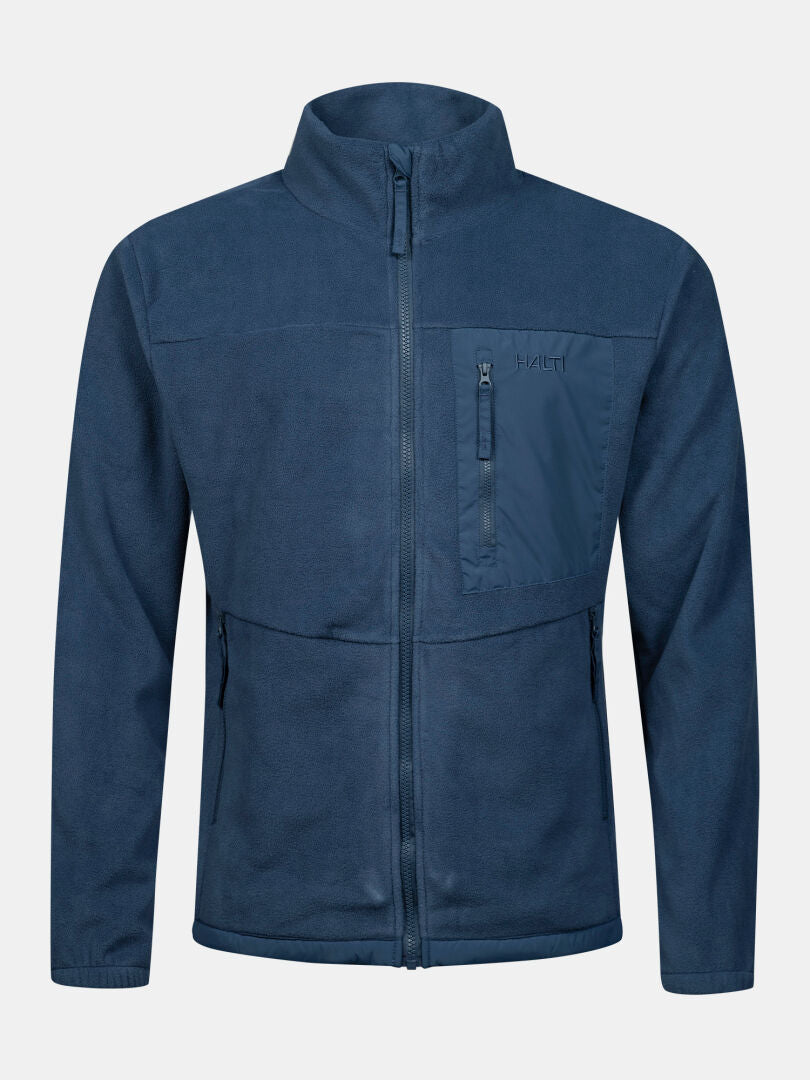 Halti Robin Fleece Jacket Men’s in blue with high collar and chest pocket—an outdoor must-have, shown on white.