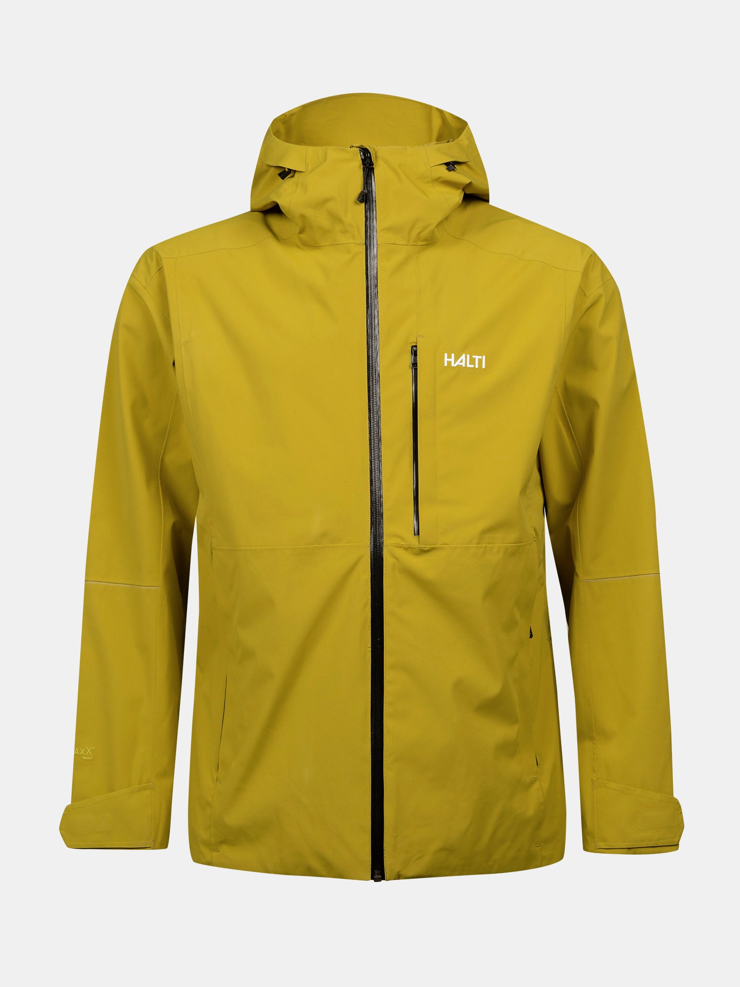 Yellow Halti Staala DrymaxX Shell Jacket for men with hood, front zipper, chest pocket, and two side pockets.