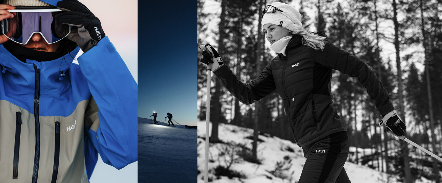 Halti ski and XC wear in a snowy night landscape – cross-country skier and alpine gear