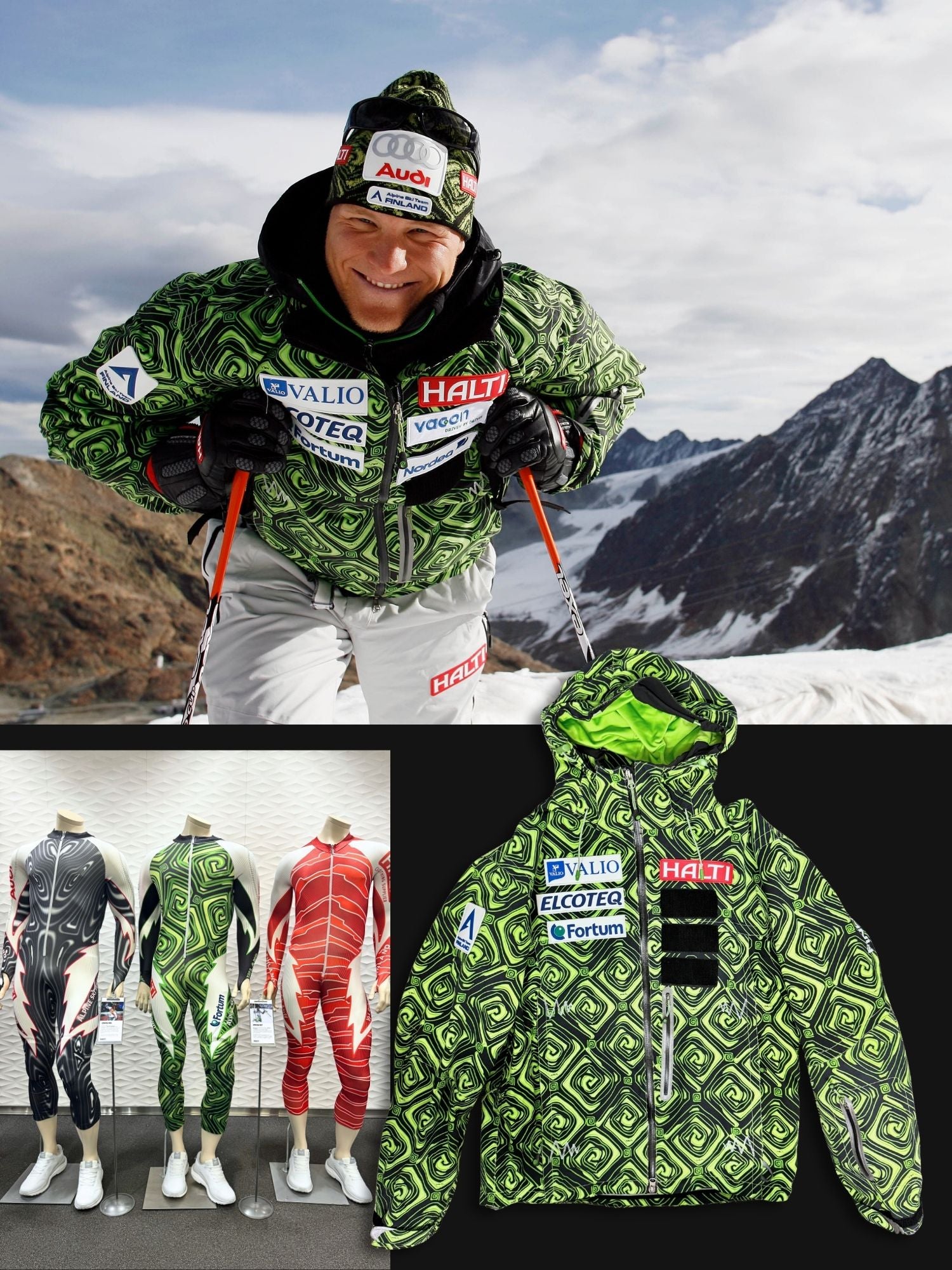 Kalle Palander wearing a green patterned ski jacket with sponsor logos against a mountainous background.