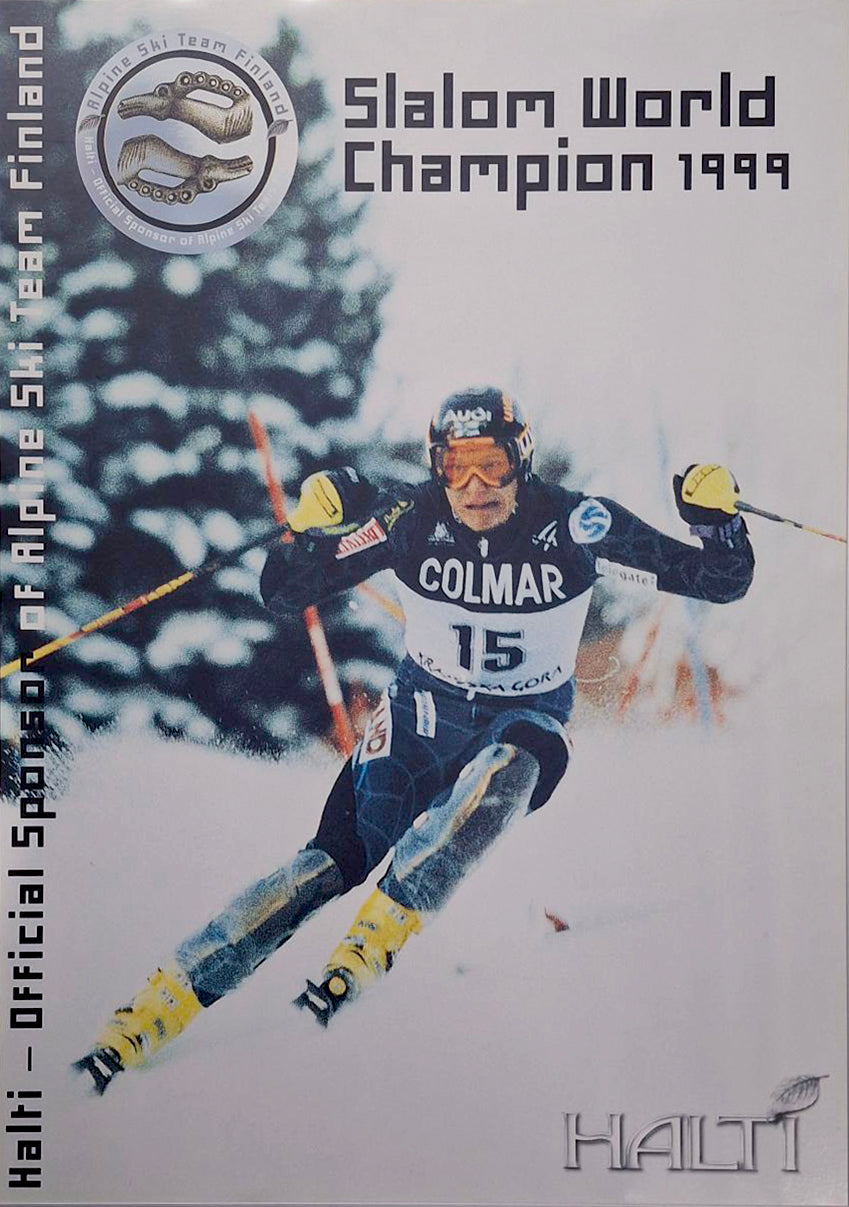 Ski racer Kalle Palander in action with 'Halti' branding and text about slalom world champion 1999.